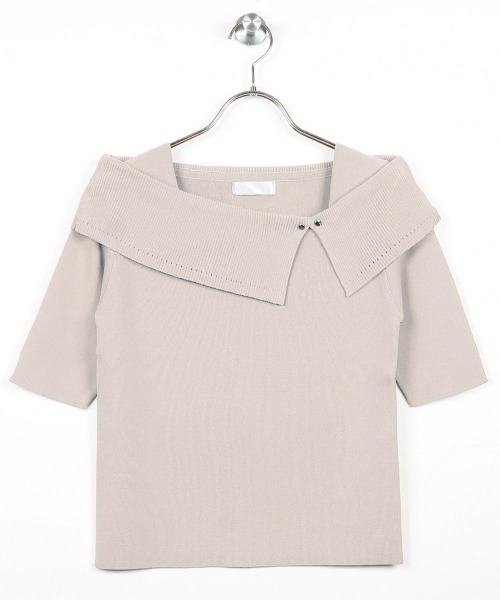 12Twelve Agenda（トゥエルブ　アジェンダ）の「アシメリブオフショル風5分袖ニットプルオーバー（ニット/セーター・レディース・ブラック/ラベンダー/サックスブルー/グレイッシュベージュ/オフホワイト/ピンク/ベージュ/グリーン・M）」の4枚目の写真