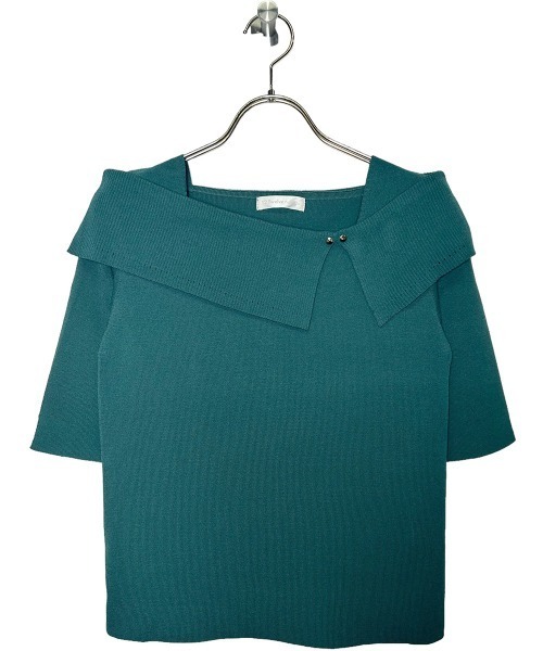 12Twelve Agenda（トゥエルブ　アジェンダ）の「アシメリブオフショル風5分袖ニットプルオーバー（ニット/セーター・レディース・ブラック/ラベンダー/サックスブルー/グレイッシュベージュ/オフホワイト/ピンク/ベージュ/グリーン・M）」の5枚目の写真