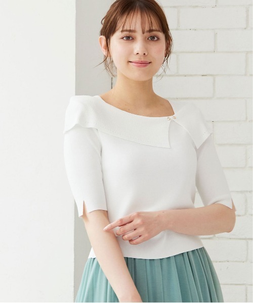 12Twelve Agenda（トゥエルブ　アジェンダ）の「アシメリブオフショル風5分袖ニットプルオーバー（ニット/セーター・レディース・ブラック/ラベンダー/サックスブルー/グレイッシュベージュ/オフホワイト/ピンク/ベージュ/グリーン・M）」の11枚目の写真