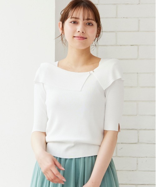 12Twelve Agenda（トゥエルブ　アジェンダ）の「アシメリブオフショル風5分袖ニットプルオーバー（ニット/セーター・レディース・ブラック/ラベンダー/サックスブルー/グレイッシュベージュ/オフホワイト/ピンク/ベージュ/グリーン・M）」の9枚目の写真