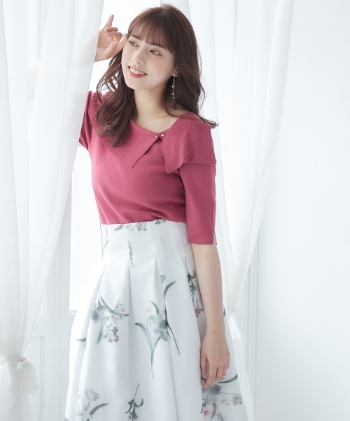 12Twelve Agenda（トゥエルブ　アジェンダ）の「アシメリブオフショル風5分袖ニットプルオーバー（ニット/セーター・レディース・ブラック/ラベンダー/サックスブルー/グレイッシュベージュ/オフホワイト/ピンク/ベージュ/グリーン・M）」の15枚目の写真