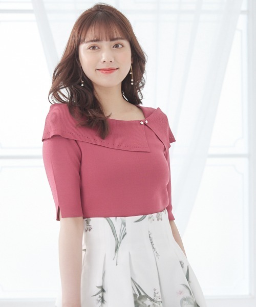 12Twelve Agenda（トゥエルブ　アジェンダ）の「アシメリブオフショル風5分袖ニットプルオーバー（ニット/セーター・レディース・ブラック/ラベンダー/サックスブルー/グレイッシュベージュ/オフホワイト/ピンク/ベージュ/グリーン・M）」の13枚目の写真