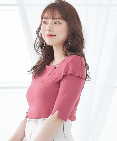 12Twelve Agenda（トゥエルブ　アジェンダ）の「アシメリブオフショル風5分袖ニットプルオーバー（ニット/セーター・レディース・ブラック/ラベンダー/サックスブルー/グレイッシュベージュ/オフホワイト/ピンク/ベージュ/グリーン・M）」の14枚目の写真