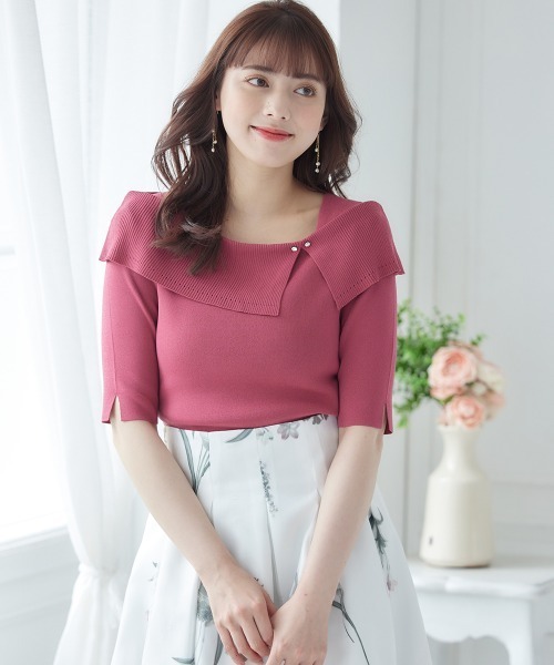 12Twelve Agenda（トゥエルブ　アジェンダ）の「アシメリブオフショル風5分袖ニットプルオーバー（ニット/セーター・レディース・ブラック/ラベンダー/サックスブルー/グレイッシュベージュ/オフホワイト/ピンク/ベージュ/グリーン・M）」の22枚目の写真