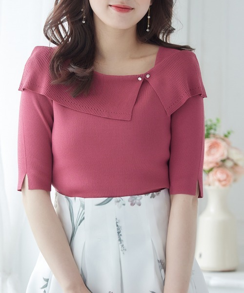 12Twelve Agenda（トゥエルブ　アジェンダ）の「アシメリブオフショル風5分袖ニットプルオーバー（ニット/セーター・レディース・ブラック/ラベンダー/サックスブルー/グレイッシュベージュ/オフホワイト/ピンク/ベージュ/グリーン・M）」の21枚目の写真