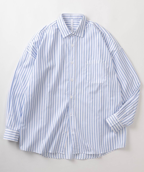 make a ray!（メイク ア レイ！）の「無地＆ストライプ柄 ビッグシルエット レギュラーカラー ブロード 長袖シャツ/オーバーサイズ（シャツ/ブラウス・メンズ・ベージュ/パープル/ブルー系その他/グリーン/ホワイト系その他/ホワイト/ブラック系その他/レモンイエロー/ブラック/サックスブルー・M/L/XL）」の3枚目の写真