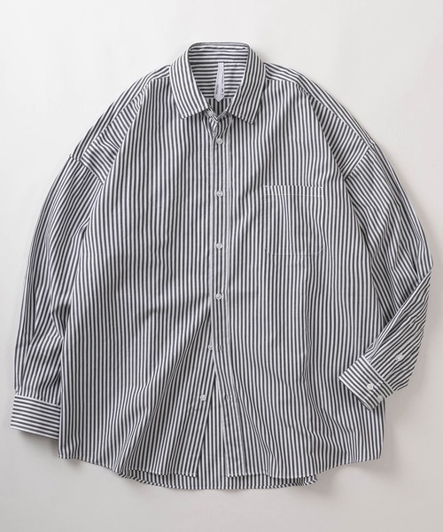 make a ray!（メイク ア レイ！）の「無地＆ストライプ柄 ビッグシルエット レギュラーカラー ブロード 長袖シャツ/オーバーサイズ（シャツ/ブラウス・メンズ・ベージュ/パープル/ブルー系その他/グリーン/ホワイト系その他/ホワイト/ブラック系その他/レモンイエロー/ブラック/サックスブルー・M/L/XL）」の5枚目の写真