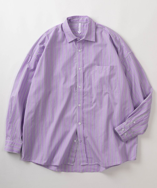 make a ray!（メイク ア レイ！）の「無地＆ストライプ柄 ビッグシルエット レギュラーカラー ブロード 長袖シャツ/オーバーサイズ（シャツ/ブラウス・メンズ・ベージュ/パープル/ブルー系その他/グリーン/ホワイト系その他/ホワイト/ブラック系その他/レモンイエロー/ブラック/サックスブルー・M/L/XL）」の10枚目の写真