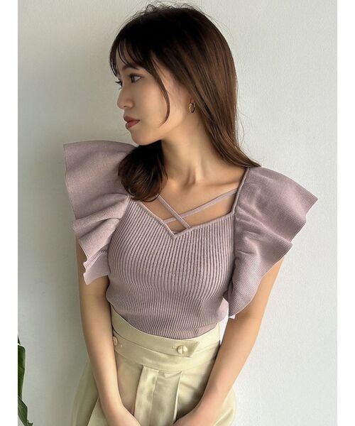 ニット セーター ラッフルニットトップス レディース styling/ ニット セーター ラッフルニットベアトップ レディース