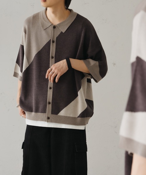 epnok（エプノック）の「アシンメトリールーズニットシャツ（シャツ/ブラウス・メンズ・ブラウン/ブラック/グレイッシュベージュ・SMALL/MEDIUM/LARGE）」の4枚目の写真