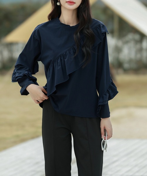 TeddyShop(テディショップ)の「【UVカット率 99%以上】レディース水着 フロント&袖フリルラッシュガードトップス+内スリットテーパードパンツ 上下2点セット(ラッシュガード・レディース・ライトベージュ/ブラウン/ブラック/ネイビー・M/L)」の12枚目の写真