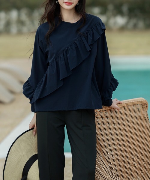 TeddyShop(テディショップ)の「【UVカット率 99%以上】レディース水着 フロント&袖フリルラッシュガードトップス+内スリットテーパードパンツ 上下2点セット(ラッシュガード・レディース・ライトベージュ/ブラウン/ブラック/ネイビー・M/L)」の14枚目の写真