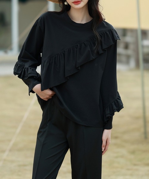 TeddyShop(テディショップ)の「【UVカット率 99%以上】レディース水着 フロント&袖フリルラッシュガードトップス+内スリットテーパードパンツ 上下2点セット(ラッシュガード・レディース・ライトベージュ/ブラウン/ブラック/ネイビー・M/L)」の16枚目の写真