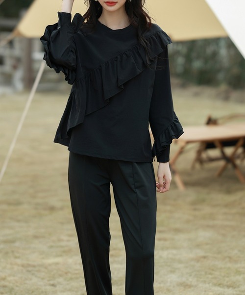 TeddyShop(テディショップ)の「【UVカット率 99%以上】レディース水着 フロント&袖フリルラッシュガードトップス+内スリットテーパードパンツ 上下2点セット(ラッシュガード・レディース・ライトベージュ/ブラウン/ブラック/ネイビー・M/L)」の17枚目の写真