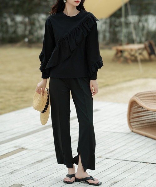 TeddyShop(テディショップ)の「【UVカット率 99%以上】レディース水着 フロント&袖フリルラッシュガードトップス+内スリットテーパードパンツ 上下2点セット(ラッシュガード・レディース・ライトベージュ/ブラウン/ブラック/ネイビー・M/L)」の19枚目の写真