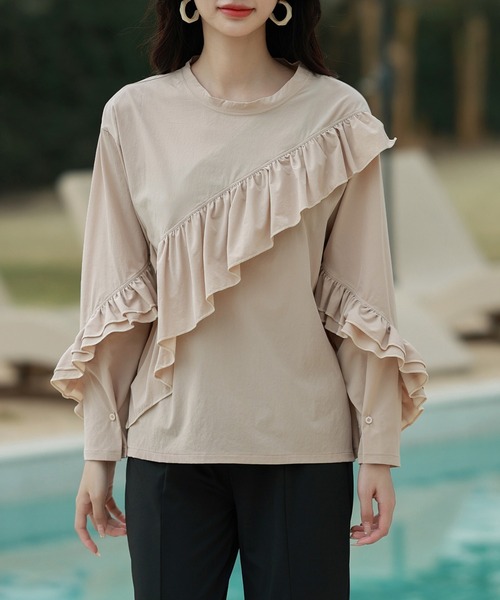 TeddyShop(テディショップ)の「【UVカット率 99%以上】レディース水着 フロント&袖フリルラッシュガードトップス+内スリットテーパードパンツ 上下2点セット(ラッシュガード・レディース・ライトベージュ/ブラウン/ブラック/ネイビー・M/L)」の9枚目の写真