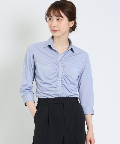 m.f.editorial(エムエフエディトリアル)の「m.f.エディトリアル レディース ノーアイロンストレッチ スキッパーギャザー ビジネスドレス7分袖ニットブラウス(ビジネスシャツ・レディース・ネイビー・X-LARGE/MEDIUM/LARGE/S)」の1枚目の写真