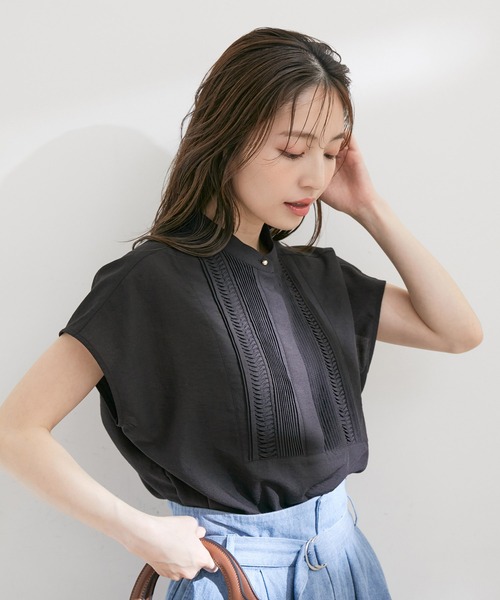 【接触冷感・洗える】気流染ピンタックフレンチスリーブブラウス