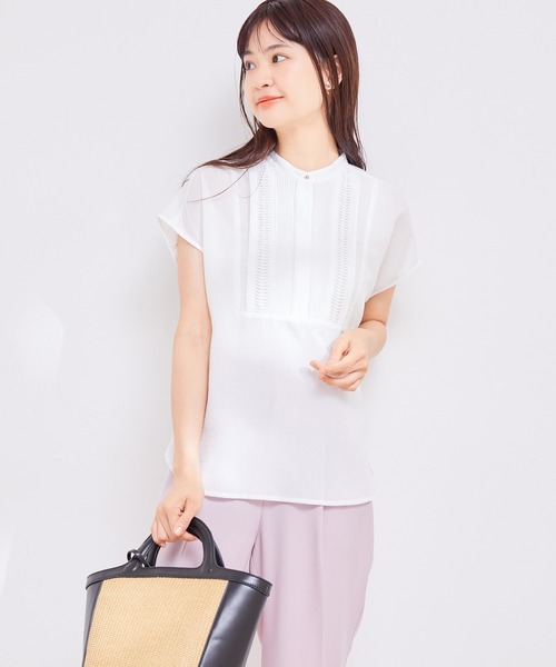 【接触冷感・洗える】気流染ピンタックフレンチスリーブブラウス