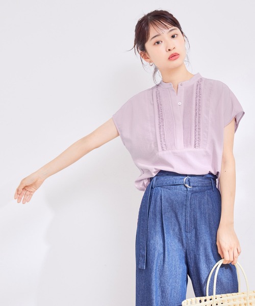 【接触冷感・洗える】気流染ピンタックフレンチスリーブブラウス