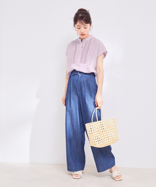 【接触冷感・洗える】気流染ピンタックフレンチスリーブブラウス