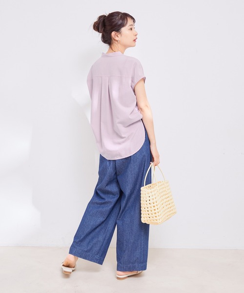 【接触冷感・洗える】気流染ピンタックフレンチスリーブブラウス