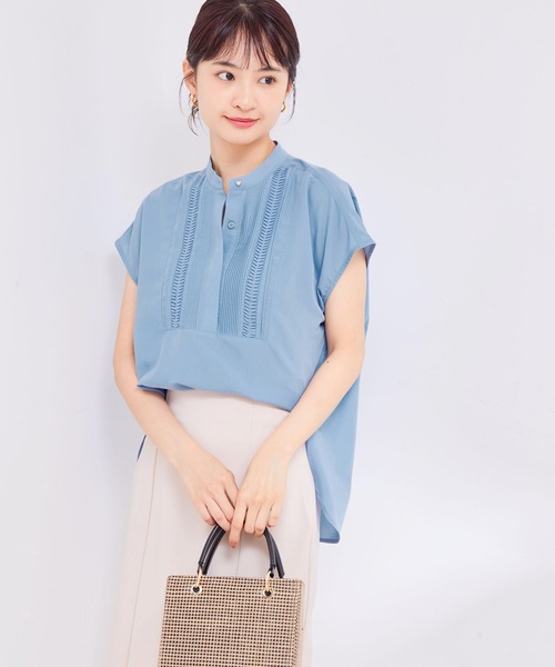 【接触冷感・洗える】気流染ピンタックフレンチスリーブブラウス