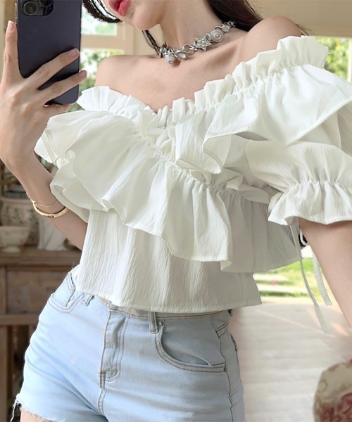 フリル付きオフショルダーシャツ サックス FREE フリルオフショルBL|ems excite | RETRO GIRL ONLINE STORE
