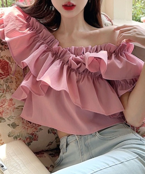 フリル付きオフショルダーシャツ サックス FREE Alley by w closet（アリーバイダブルクローゼット）の「【2WAY