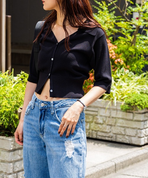 FOREVER 21(フォーエバー トゥエンティーワン)の「ビッグカラーサマーニットカーディガン(カーディガン/ボレロ・レディース・ブラック/ホワイト・SMALL/MEDIUM)」の1枚目の写真