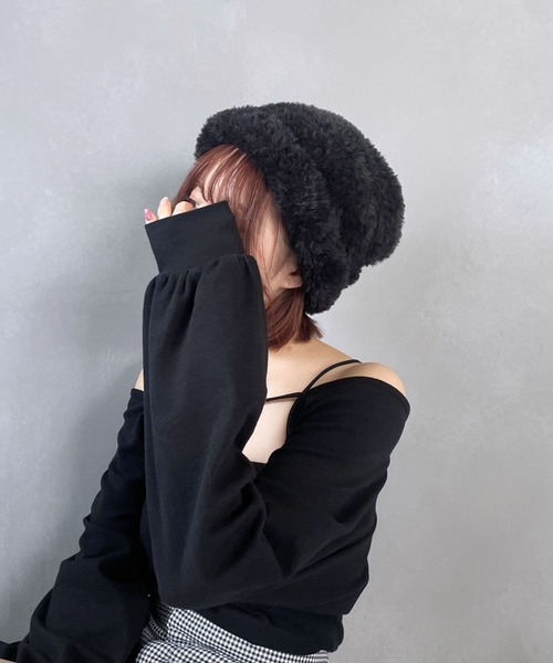 Heather（ヘザー）の「エコファーニットワッチ　967126（ニットキャップ/ビーニー・レディース・ベージュ/ブラック・ONE SIZE）」の9枚目の写真