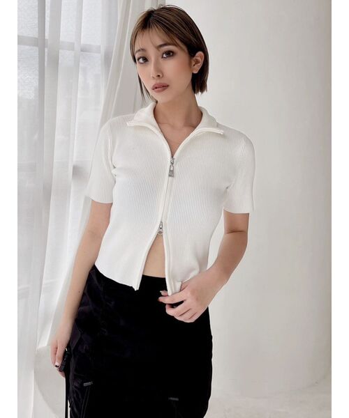 GYDA（ジェイダ）の「GGスライダーダブルファスナーニットトップス（ニット/セーター・レディース・ブラック/オフホワイト/ライトグリーン・FREE）」の2枚目の写真