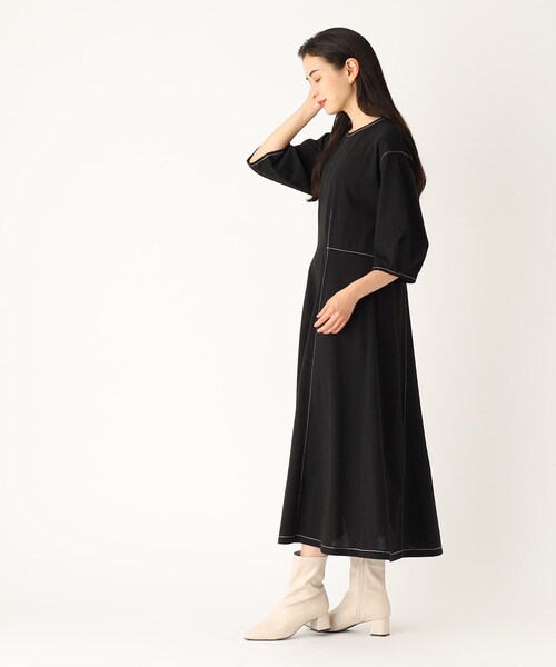 オペークドットクリップ シャツワンピース ロング ブラック バンドカラー 長袖 OPAQUE.CLIP - オペークドットクリップ シャツワンピース ロング