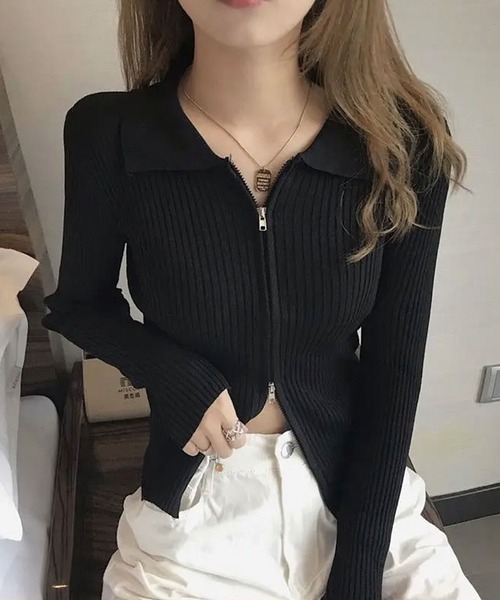 amoment ダブルジップニット ジャケット 黒 ダブルジップアップセミ