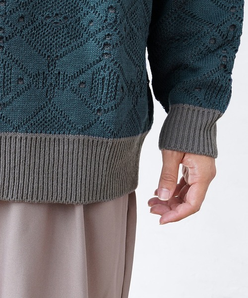 MinoriTY(マイノリティ)の「【MinoriTY】透かしリンクス編みクルーネックニット セーター メンズ 秋服 オーバーサイズ ルーズフィット(ニット/セーター・メンズ・アイボリー/ブルー・M/L)」の12枚目の写真
