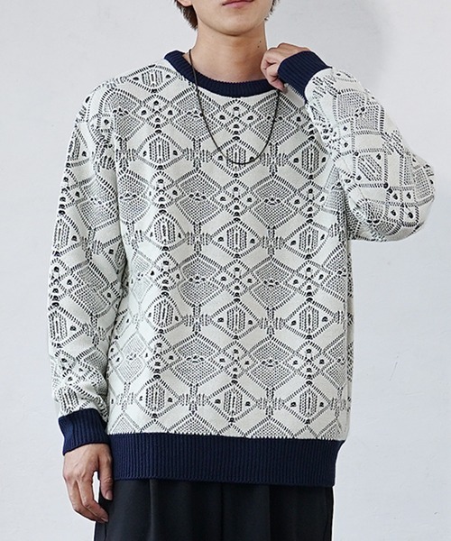 MinoriTY(マイノリティ)の「【MinoriTY】透かしリンクス編みクルーネックニット セーター メンズ 秋服 オーバーサイズ ルーズフィット(ニット/セーター・メンズ・アイボリー/ブルー・M/L)」の5枚目の写真