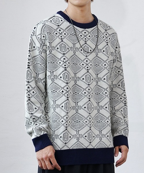 MinoriTY(マイノリティ)の「【MinoriTY】透かしリンクス編みクルーネックニット セーター メンズ 秋服 オーバーサイズ ルーズフィット(ニット/セーター・メンズ・アイボリー/ブルー・M/L)」の17枚目の写真