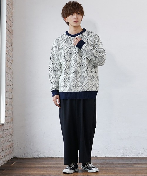 MinoriTY(マイノリティ)の「【MinoriTY】透かしリンクス編みクルーネックニット セーター メンズ 秋服 オーバーサイズ ルーズフィット(ニット/セーター・メンズ・アイボリー/ブルー・M/L)」の11枚目の写真