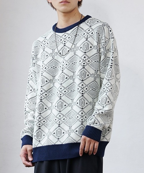 MinoriTY(マイノリティ)の「【MinoriTY】透かしリンクス編みクルーネックニット セーター メンズ 秋服 オーバーサイズ ルーズフィット(ニット/セーター・メンズ・アイボリー/ブルー・M/L)」の13枚目の写真