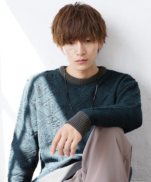 MinoriTY(マイノリティ)の「【MinoriTY】透かしリンクス編みクルーネックニット セーター メンズ 秋服 オーバーサイズ ルーズフィット(ニット/セーター・メンズ・アイボリー/ブルー・M/L)」の15枚目の写真