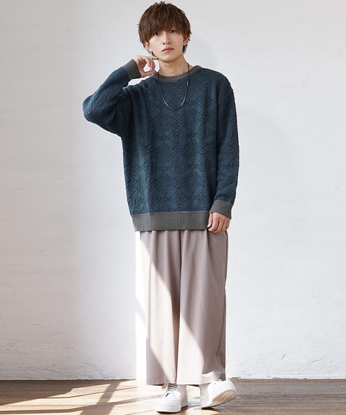 MinoriTY(マイノリティ)の「【MinoriTY】透かしリンクス編みクルーネックニット セーター メンズ 秋服 オーバーサイズ ルーズフィット(ニット/セーター・メンズ・アイボリー/ブルー・M/L)」の9枚目の写真