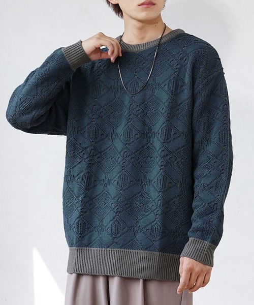 MinoriTY(マイノリティ)の「【MinoriTY】透かしリンクス編みクルーネックニット セーター メンズ 秋服 オーバーサイズ ルーズフィット(ニット/セーター・メンズ・アイボリー/ブルー・M/L)」の7枚目の写真