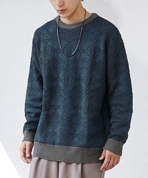 MinoriTY(マイノリティ)の「【MinoriTY】透かしリンクス編みクルーネックニット セーター メンズ 秋服 オーバーサイズ ルーズフィット(ニット/セーター・メンズ・アイボリー/ブルー・M/L)」の3枚目の写真