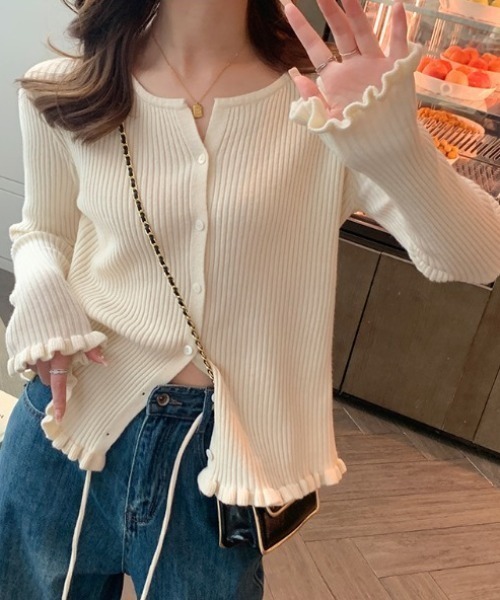 deux amour（ドゥーザムール）の「フリル使いテレコクルーネックカーデ（カーディガン/ボレロ・レディース・ブラック/アイボリー/レッド・FREE(9)）」の2枚目の写真