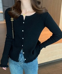 フリル使いテレコクルーネックカーデ