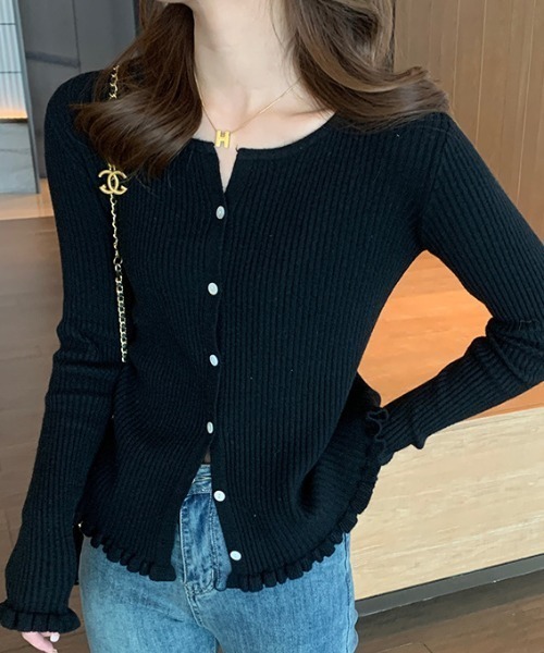 deux amour（ドゥーザムール）の「フリル使いテレコクルーネックカーデ（カーディガン/ボレロ・レディース・ブラック/アイボリー/レッド・FREE(9)）」の6枚目の写真