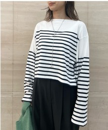 Mila Owen - ミラオーウェン　ボートネック短丈ワイドボーダーTシャツ　イエロー　１ Mila Owen（ミラオーウェン）の「ボートネック短丈ワイド