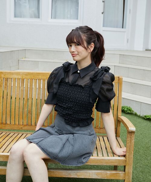 MAJESTIC LEGON（マジェスティックレゴン）の「シアーパフ袖シャツブラウス（シャツ/ブラウス・レディース・オフホワイト/ライトグレー/ピンクベージュ/ブラック・MEDIUM）」の18枚目の写真