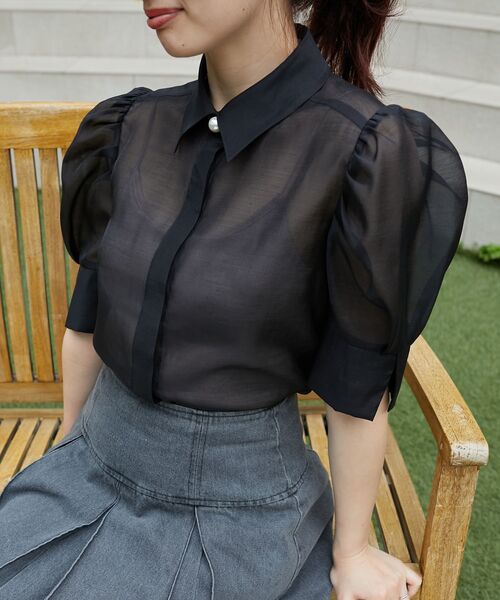 MAJESTIC LEGON（マジェスティックレゴン）の「シアーパフ袖シャツブラウス（シャツ/ブラウス・レディース・オフホワイト/ライトグレー/ピンクベージュ/ブラック・MEDIUM）」の17枚目の写真