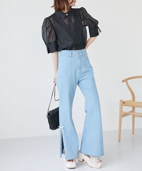 MAJESTIC LEGON（マジェスティックレゴン）の「シアーパフ袖シャツブラウス（シャツ/ブラウス・レディース・オフホワイト/ライトグレー/ピンクベージュ/ブラック・MEDIUM）」の16枚目の写真